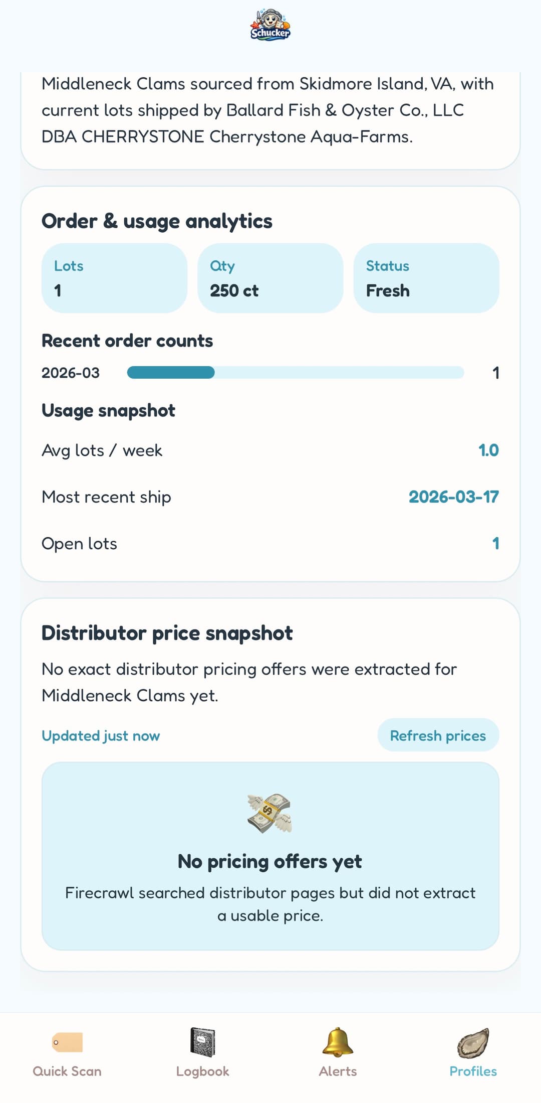 Shucker profile analytics screen